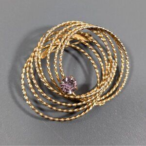 VTG‎ Gold Tone Textured Interlocking Knot Circle Pink Rhinestone Brooch Pin